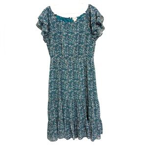 2/$30 J.Crew Teal Floral Ruffle Sleeve Tiered Dress Size 10
